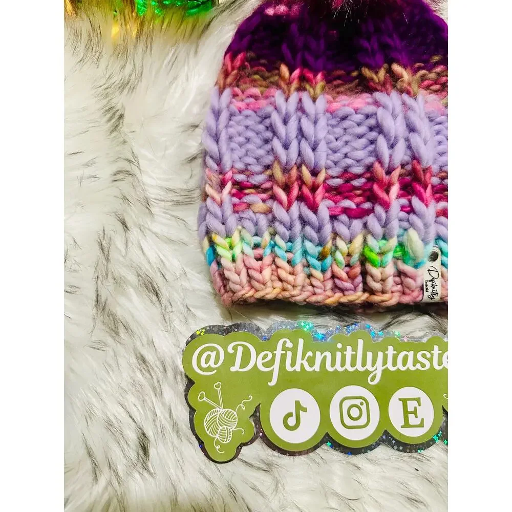 Handmade Neon Merino Wool Beanie: Colorful Winter Hat with Faux Fur Pom